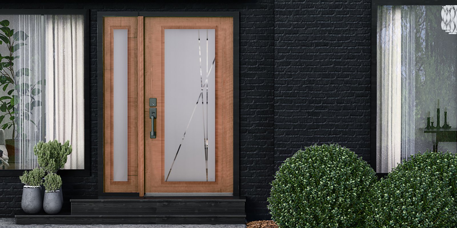 A front entrance featuring high-privacy Timber doorglass on a modern, dark brick home surrounded by greenery